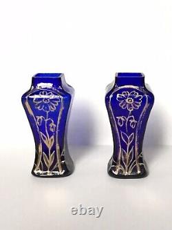 Petits Vases À Fleurs Anciens En Verre Bleu Et Or Art Nouveau Vers 1900 (paire)