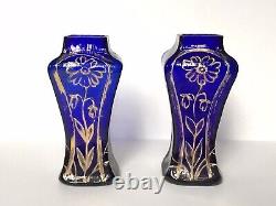 Petits Vases À Fleurs Anciens En Verre Bleu Et Or Art Nouveau Vers 1900 (paire)