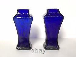 Petits Vases À Fleurs Anciens En Verre Bleu Et Or Art Nouveau Vers 1900 (paire)