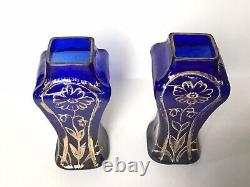 Petits Vases À Fleurs Anciens En Verre Bleu Et Or Art Nouveau Vers 1900 (paire)