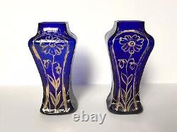 Petits Vases À Fleurs Anciens En Verre Bleu Et Or Art Nouveau Vers 1900 (paire)