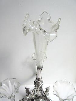 RARE Centre de table 1900, métal argenté anglais, 3 chameaux accroupis + 4 vases