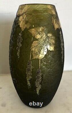 RARE MODELE Vase Dégagé acide doré feuillages fruits LEGRAS Signé Art-Nouveau