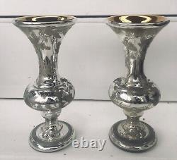 RARE Paire de vases cornets en verre églomisé, intérieur doré, extérieur taillé