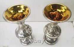 RARE Paire de vases cornets en verre églomisé, intérieur doré, extérieur taillé