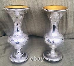 RARE Paire de vases cornets en verre églomisé, intérieur doré, extérieur taillé