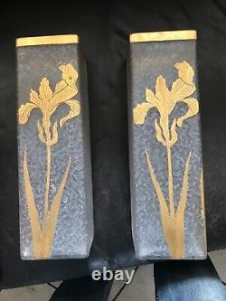 RARE et belle paire vase verre dégagé acide LEGRAS DAUM 1900 art nouveau