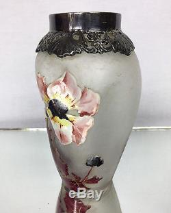 Rare Vase Signé Epoque Art Nouveau Givré Et Emaillé Monture En Metal Argenté