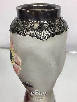 Rare Vase Signé Epoque Art Nouveau Givré Et Emaillé Monture En Metal Argenté