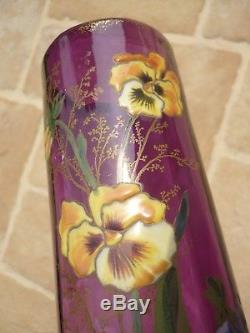 Rare Vase Verre Emaille Legras Saint Denis 1900 Decor Aux Pensees Art Nouveau