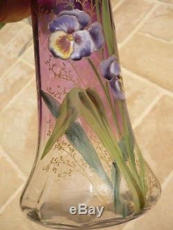 Rare Vase Verre Emaille Legras Saint Denis 1900 Decor Aux Pensees Art Nouveau
