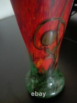 Rare Vase verre soufflé émaillé LEGRAS décor aux coquelicots Art-Nouveau
