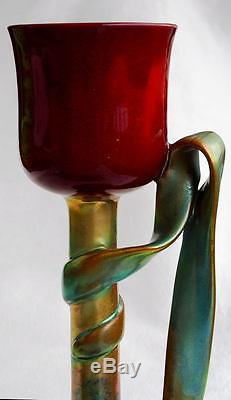 Rare vase calice fleur tulipe éosine céramique irisée Zsolnay Pecs Art nouveau