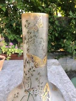 Rare vase gravé a l'acide et émaillé signé Montjoye legras Art Nouveau 1900