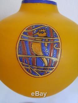 Robj Paris 1930 Vase Art Deco Pte De Verre Orange Emaillee A L'hippocampe Signe