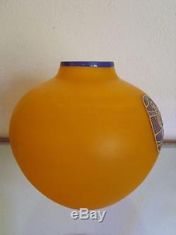 Robj Paris 1930 Vase Art Deco Pte De Verre Orange Emaillee A L'hippocampe Signe