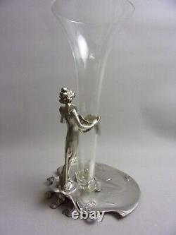 SOLIFLORE, VASE EDLES étain et verre Art Nouveau représentant une jeune femme