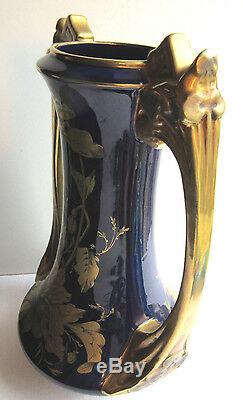 SUBLIME vase Art Nouveau SAINTE RADEGONDE, céramique bleu de four, feuillage OR