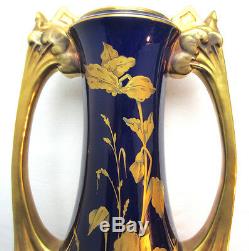SUBLIME vase Art Nouveau SAINTE RADEGONDE, céramique bleu de four, feuillage OR
