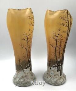 SUPERBE PAIRE Vases verre émaillé paysage enneigé Art-Nouveau LEGRAS 1900 Daum
