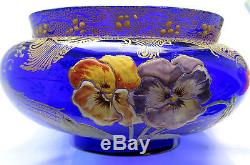 Superbe Vase Jardiniere Art Nouveau Aux Pensees, Verre Bleu Emaille Legras