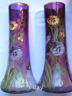 Superbe Vase Jardiniere Art Nouveau Aux Pensees, Verre Bleu Emaille Legras