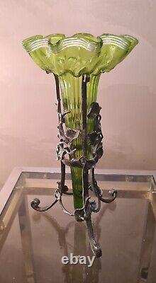 Soliflore verre souflé vases, 1900 a 30. Tulipiers art nouveau fer forgé martelé