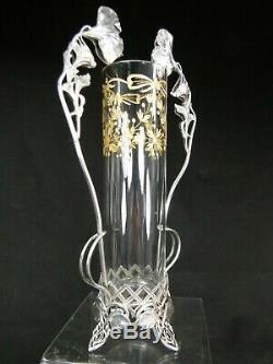 Splendide Vase 1900 Cristal Grave Dore Et Metal Argente Art Nouveau Jugendstil