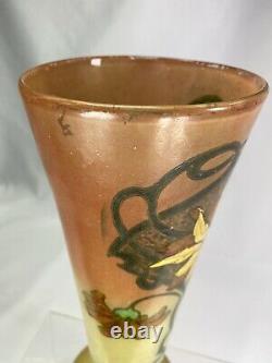 Splendide Vase Emaille Art Nouveau 1900 Legras Verre Jaune Motif Fleurs Ht 35 CM