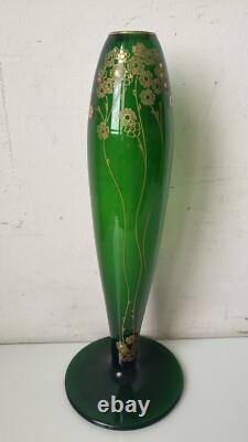 St Louis Vase 1908 Art Deco Nouveau Vert doré Carl GOLDBERG à Haida (attribué à)