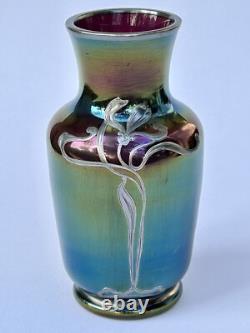 Sublime ancien VASE LOETZ Art Nouveau verre irisé fleur incrustation d'argent