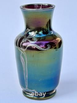 Sublime ancien VASE LOETZ Art Nouveau verre irisé fleur incrustation d'argent