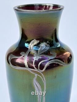 Sublime ancien VASE LOETZ Art Nouveau verre irisé fleur incrustation d'argent