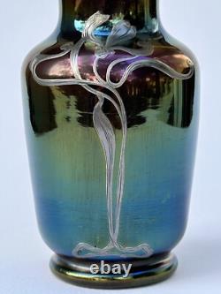 Sublime ancien VASE LOETZ Art Nouveau verre irisé fleur incrustation d'argent