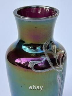 Sublime ancien VASE LOETZ Art Nouveau verre irisé fleur incrustation d'argent