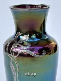Sublime ancien VASE LOETZ Art Nouveau verre irisé fleur incrustation d'argent