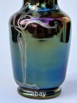Sublime ancien VASE LOETZ Art Nouveau verre irisé fleur incrustation d'argent