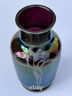 Sublime ancien VASE LOETZ Art Nouveau verre irisé fleur incrustation d'argent