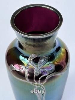 Sublime ancien VASE LOETZ Art Nouveau verre irisé fleur incrustation d'argent