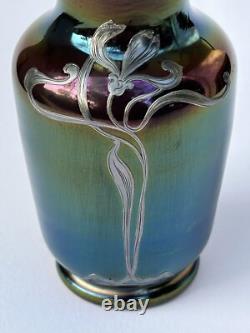 Sublime ancien VASE LOETZ Art Nouveau verre irisé fleur incrustation d'argent