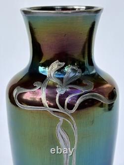 Sublime ancien VASE LOETZ Art Nouveau verre irisé fleur incrustation d'argent