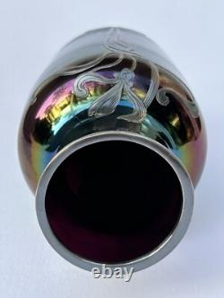 Sublime ancien VASE LOETZ Art Nouveau verre irisé fleur incrustation d'argent