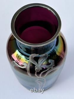 Sublime ancien VASE LOETZ Art Nouveau verre irisé fleur incrustation d'argent