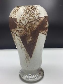 Superbe Et Grand Vase Art Nouveau Décor Oiseaux À L'acide Signé Legras