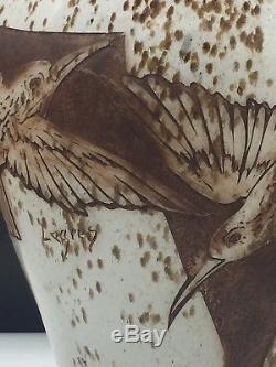 Superbe Et Grand Vase Art Nouveau Décor Oiseaux À L'acide Signé Legras