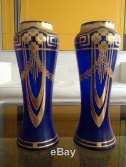 Superbe Paire De Vases Decor Bleu & Or Emaillee Epoque Art Nouveau 1900 Montjoye
