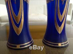 Superbe Paire De Vases Decor Bleu & Or Emaillee Epoque Art Nouveau 1900 Montjoye
