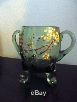 Superbe Vase A Anses En Verre Émaillé De Fleurs Art Nouveau Époque 1900 Gallé