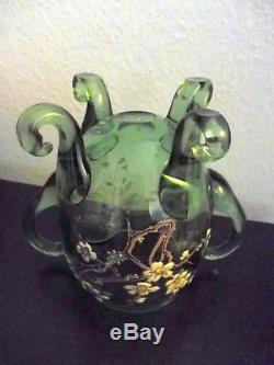 Superbe Vase A Anses En Verre Émaillé De Fleurs Art Nouveau Époque 1900 Gallé