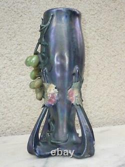 Superbe Vase Amphora Art Nouveau Austria Boheme Irise Reflets Metalliques 1900